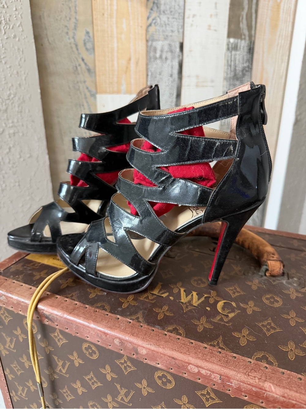 C L Black Patent Cutout Stiletto Sandals with Red Accents